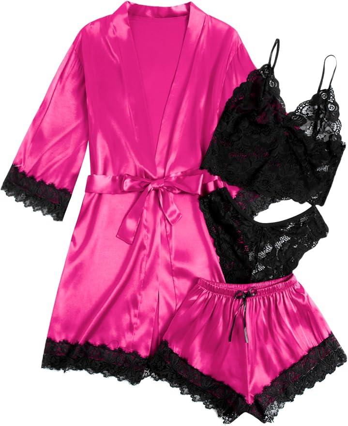 WDIRARA Women' Silk Satin Pajamas Set 4pcs Lingerie Floral Lace Cami Sleepwear with Robe