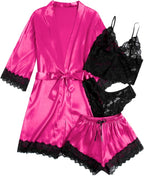 WDIRARA Women' Silk Satin Pajamas Set 4pcs Lingerie Floral Lace Cami Sleepwear with Robe