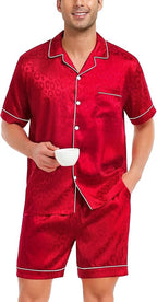SWOMOG Satin Matching Pajamas Sets Couple Silk Button Down Nightwear Women & Men Short Sleeve Sleepwear 2 Pieces Loungewear