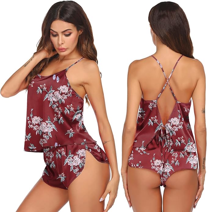 Ekouaer Silk Pajamas Set for Women Satin Backless Lingerie Pjs Cami Top and Shorts Nightwear