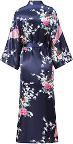 Women's Floral Long Satin Robes Plus Size Long Silk Robes Peacock Floral Kimonos Sleepwear Dressing Gown