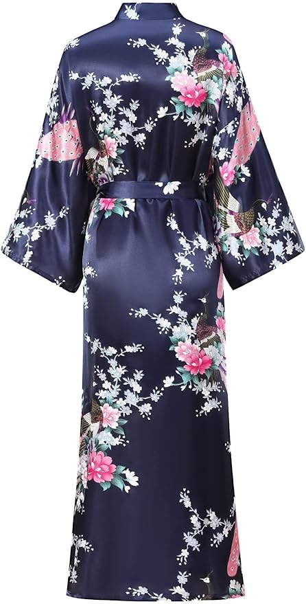 Women's Floral Long Satin Robes Plus Size Long Silk Robes Peacock Floral Kimonos Sleepwear Dressing Gown