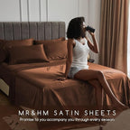 MR&HM Satin Bed Sheets, Twin XL Size Sheets Set, 3 Pcs Silky Bedding Set with 15 Inches Deep Pocket for Mattress (Twin XL, Brown)