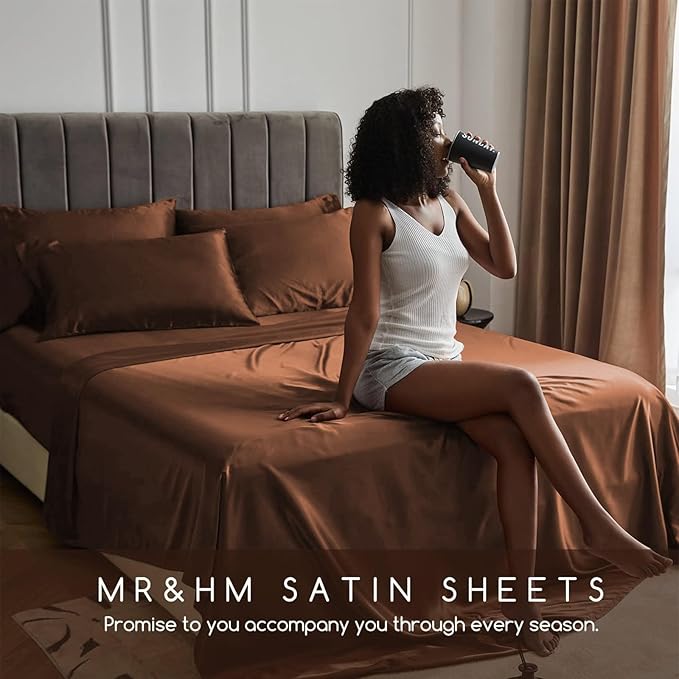 MR&HM Satin Bed Sheets, King Size Sheets Set, 4 Pcs Silky Bedding Set with 15 Inches Deep Pocket for Mattress (King, Brown)