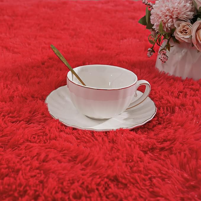 Large Soft Fluffy Rugs for Living Room, 6x9 Feet, Red Faux Fur Area Rug - Plush Non-Slip Shag Shaggy Carpet for Bedroom, Kids Boys Girls Dorm Nursery Room