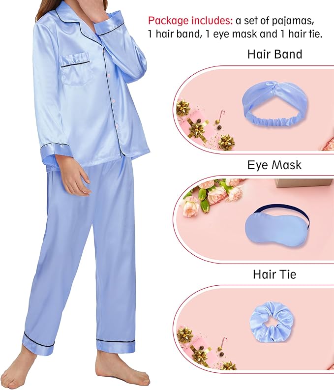 EPLAZA Kids Satin Pajamas Sets Girls Boys Button-Down Silky Pajamas Sleepwear with Hairband Eye Mask Hair Tie
