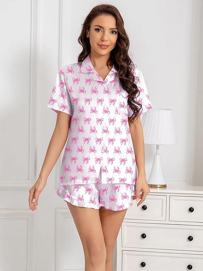 Umeyda Girls & Women Satin Pajamas Set Button Down 2 Piece Silk Pjs Shorts Set Ruffle Sleepwear, 5 Years-Women L