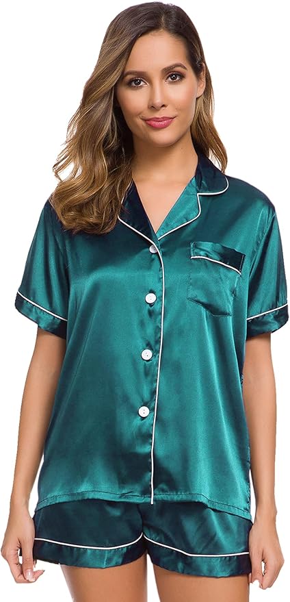 SWOMOG Womens Silk Satin Pajamas Set Short Sleeve Sleepwear Button Down Top and Shorts Loungewear 2 Piece Pjs Set XS-3XL