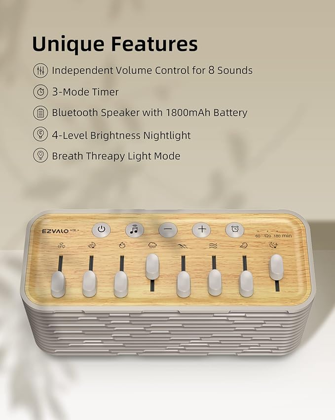 EZVALO White Noise Sleep Sound Machine, 255+ Mixer Options with Portable Speaker, Night Light, Sleep Timer, Breath Therapy, White Noise Machine for Adults Sleeping Meditation with Light
