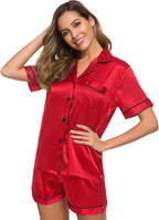 SWOMOG Womens Silk Satin Pajamas Set Short Sleeve Sleepwear Button Down Top and Shorts Loungewear 2 Piece Pjs Set XS-3XL