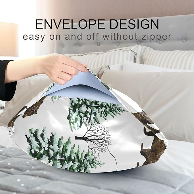 Bear Print Satin Pillowcase Queen Size, Winter Forest Silk Pillow Case with Envelope Closure, Satin Pillowcase for Hair and Skin, 20x26 inches, White, 1 PC