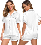 SWOMOG Womens Silk Satin Pajamas Set Short Sleeve Sleepwear Button Down Top and Shorts Loungewear 2 Piece Pjs Set XS-3XL