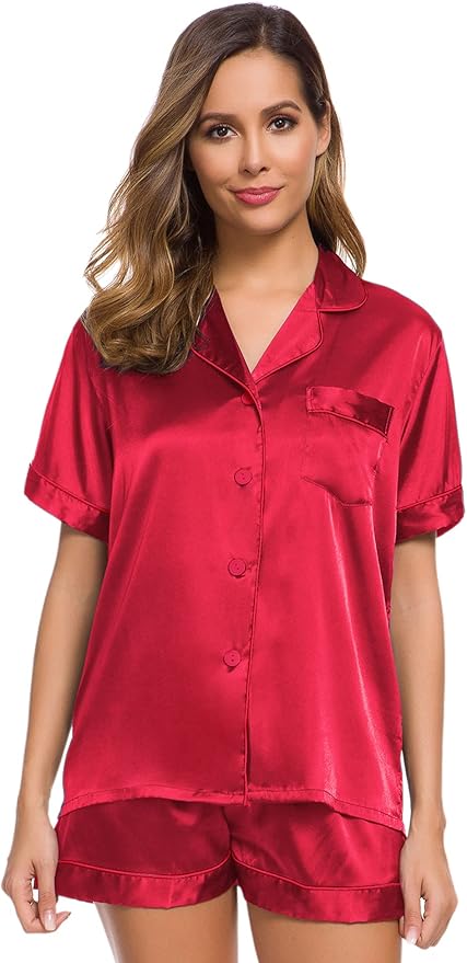 SWOMOG Womens Silk Satin Pajamas Set Short Sleeve Sleepwear Button Down Top and Shorts Loungewear 2 Piece Pjs Set XS-3XL