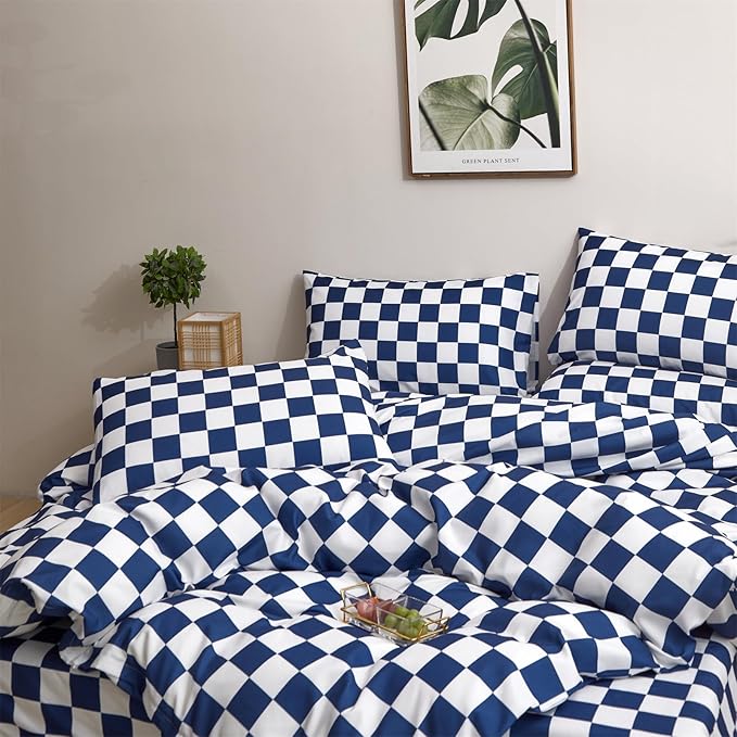 CLOTHKNOW Blue White Plaid Queen Comforter Set 3Pcs Grid Bedding Comforter Sets Checkerboard Comforter Royal Blue White Comforter with 2 x Pillow Cases