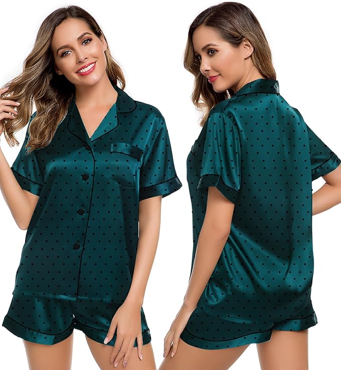 LecGee Womens Silk Satin Pajamas Short Sleeve Loungewear Two-Piece Sleepwear Button-Down Pj Set