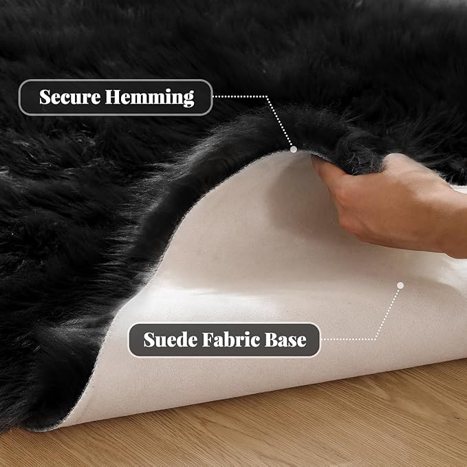 ORINOVA Washable 6x9 Area Rugs for Living Room Black Fuzzy Faux Sheepskin Shag Fur Rug for Bedroom Nursery Rectangle Rug Home Décor