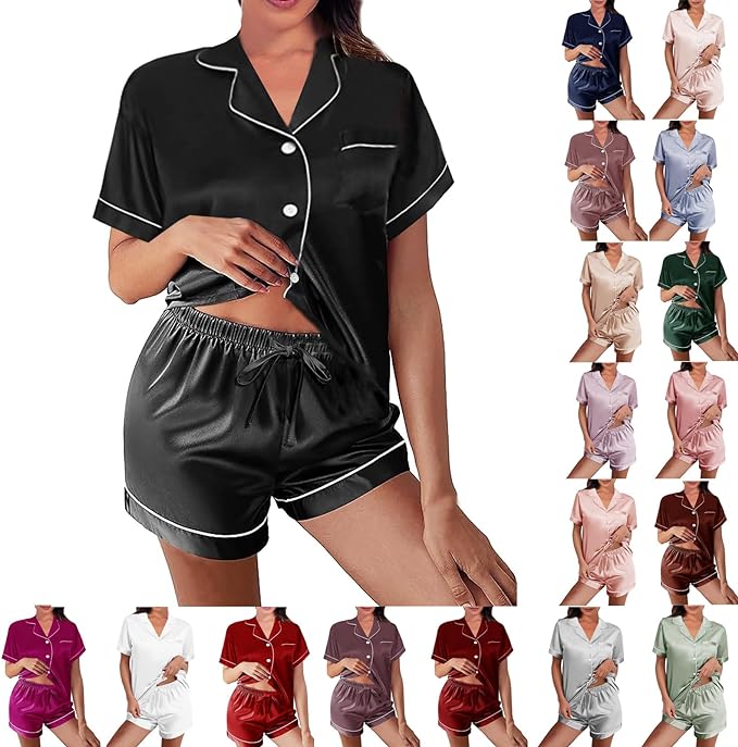 WJing Yi Jia Womens Silk Satin Pajamas Loungewear Two-Piece Sleepwear Button-Down Floral Pj Set XS-4XL