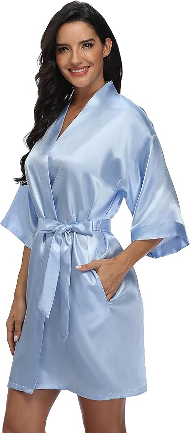 Women's Satin Kimono Robe Wedding Getting Ready Silky Bathrobe Short Bridesmaid Dressing Gown