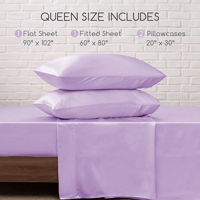 MR&HM Satin Bed Sheets with Elastic Corner Straps, Queen Size Sheets Set, 4 Pcs Silky Bedding Set with 15 Inches Deep Pocket for Mattress (Queen, Lilac)