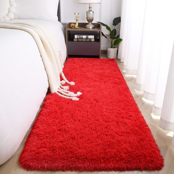 Jelymark Super Soft Shaggy Rug for Bedroom, 2x6 Feet Fluffy Carpet for Living Room, Fuzzy Indoor Plush Area Rug for Home Decor, Furry Floor Rugs for Dorm, Kids Nursery Rug for Girls, Red