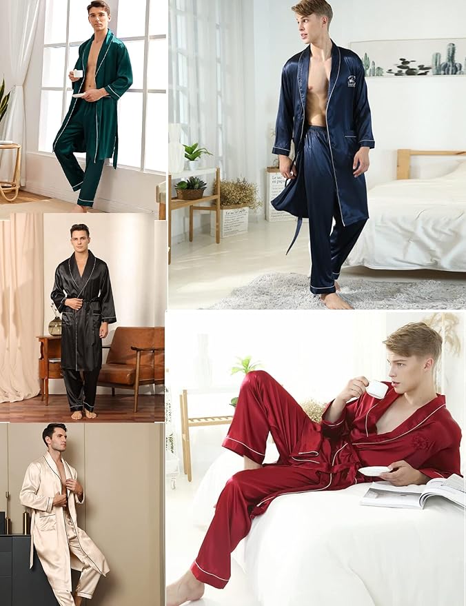 SWOMOG Men's Satin Robe Silky Kimono Bathrobe with Shorts Set Lightweight Soft Loungewear Nightwear