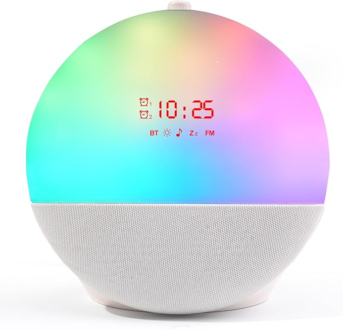 Sunrise Alarm Clock with Bluetooth Speaker, Dual Alarm Clock Radio with White Noise Sleep Machine, RGB Bedside Night Light, FM Radio, 10W Stereo Sound, Rechargeable Smart Clock for Bedroom