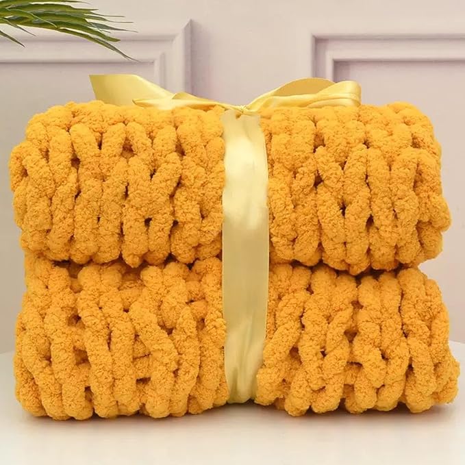 Wttfc Chunky Knit Throw Blanket, Handmade Soft Chenille Yarn Throw Blanket, Thick Cable Knitted Blankets, Large Rope Knot Crochet Blankets for Couch Sofa Bed Home Decor,Ginger Yellow,100x150cm