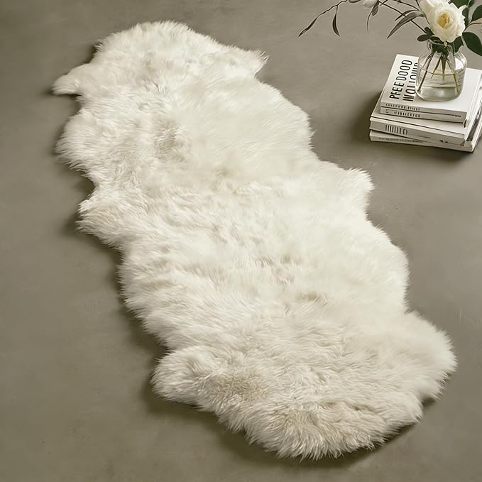Genuine Sheepskin Rug with Little Patches | Premium Ivory White Fluffy Sheep Skin Carpet for Bedroom Fireplace | Soft Wool Throw Blanket for Elder, Pet | Luxurious Fur Rug for Chair, Sofa, 2FT×6FT