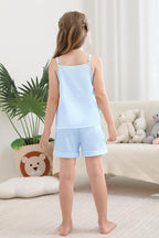 Weixinbuy Girls Pajamas Silk PJS Set Sleeveless Pajama Tank Elastic Waist Shorts Sleepwear Kids Summer Nightwear Clothes Set