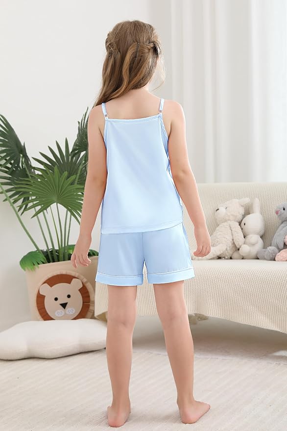 Weixinbuy Girls Pajamas Silk PJS Set Sleeveless Pajama Tank Elastic Waist Shorts Sleepwear Kids Summer Nightwear Clothes Set