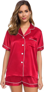 SWOMOG Womens Silk Satin Pajamas Set Short Sleeve Sleepwear Button Down Top and Shorts Loungewear 2 Piece Pjs Set XS-3XL