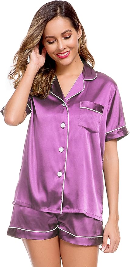 LecGee Womens Silk Satin Pajamas Short Sleeve Loungewear Two-Piece Sleepwear Button-Down Pj Set