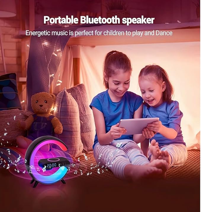 Treligate LED Table Lamp with Wireless Charger, Mini G Atmosphere Lamp with Bluetooth Speaker, Night Light Lamp Sunrise Alarm Clock, Smart Light Sound Machine, (Black)