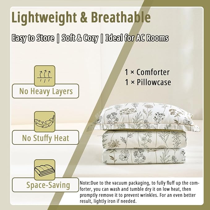 ALEISSEL White Botanical Cotton Comforter Twin Size - 2PC Lightweight Bedding Sets with Down Alternative Fill, Luxurious Pale Mustard Reversible Design (1 Comforter, 1 Pillowsham)