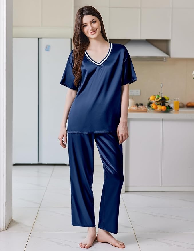 Ekouaer Satin Pajama Set for Women Short Sleeve Silky Pjs 2 Piece Lounge Sets Soft Comfy Sleepwear Loungewear S-XXL