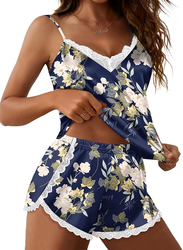 Ekouaer Satin Pajama Set for Women 2 Piece Silky Lingerie Sleepwear Lace Camisole Pj Shorts Set Soft Nightwear S-XXL