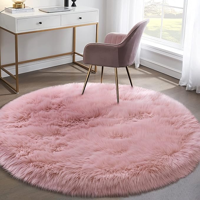 Pink 5'X5' High Pile Shag Rug, Fluffy Round Rug for Girls/Boys Room, Soft Circular Carpet for Nursery, Fuzzy Plush Rug for Dorm