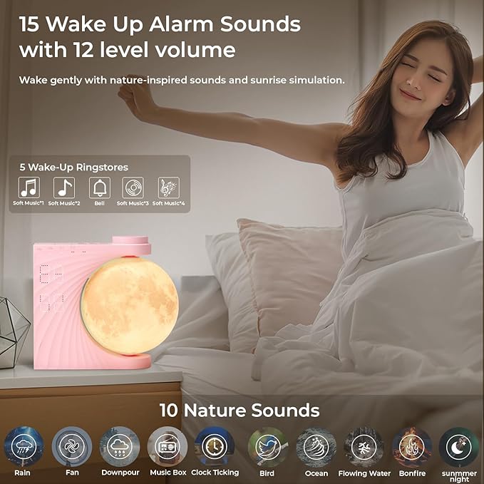 Sunrise Alarm Clock, Wake-Up Light Moon Lamp with Colourful Light Mode, 10 Fairy Sounds, 30/60/90 Timer & Dual Alarms for Girls/Teens, Cute Bedside Companion for Nursery/Kids Room (Blush Pink)