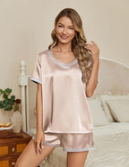 Ekouaer Silk Pajamas for Women Short Sleeve Satin Sleepwear Soft 2 Piece Pjs Shorts Set Loungewear,S-XX
