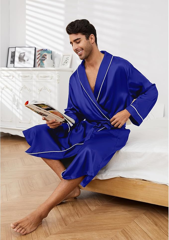 Vulcanodon Men’s Satin Robe Lightweight,Men's Luxurious Silk Kimono Bathrobe