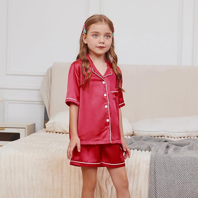 QPANCY Kids Satin Pajamas Sets Baby Boy Girl Button-Down Silk Sleepwear 2 Piece Short Sleeve Loungewear Clothes Set