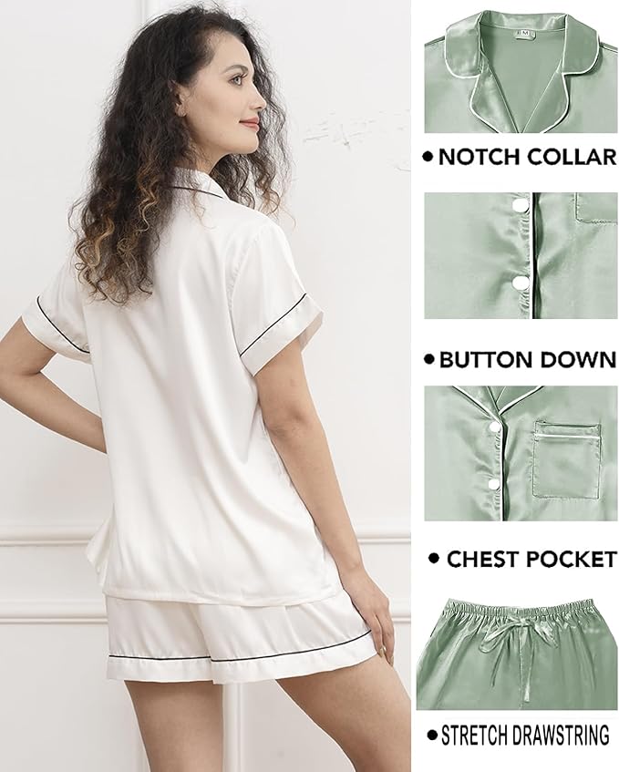 WJing Yi Jia 5Pcs Womens Soft Satin Pajama Set XS-4XL Button-Down Silk Pajamas Floral Sleepwear Bridal Pjs Lounge Pj Sets