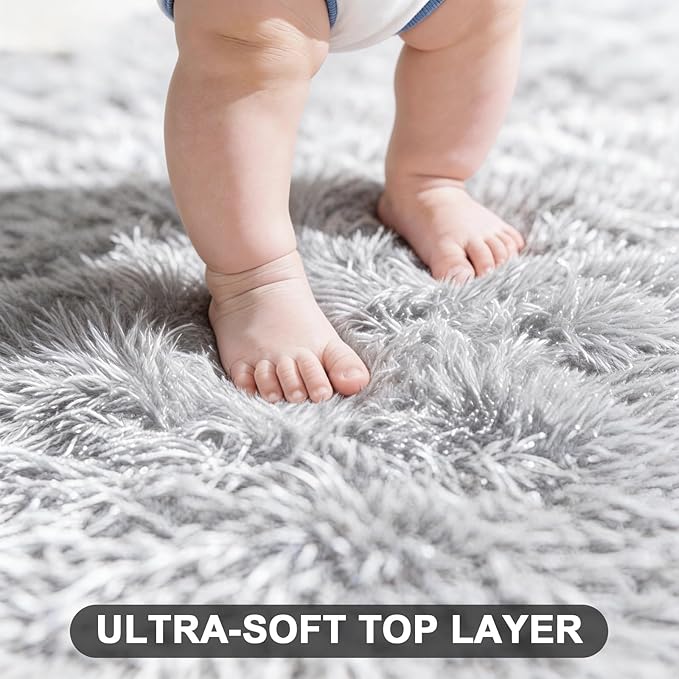 9x12 Shag Area Rugs for Living Room, Extra Large Ultra Soft Fluffy Furry Rug for Bedroom, Indoor Carpet Plush Fuzzy Nursery Rugs for Kids Girls and Boys, Dorms, Home Decor Aesthetic, Light Grey