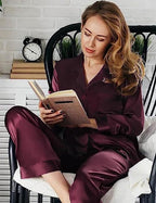 SWOMOG Long Sleeve Pajamas Set Silk Satin Sleepwear Button Down Pjs Loungewear with Pocket