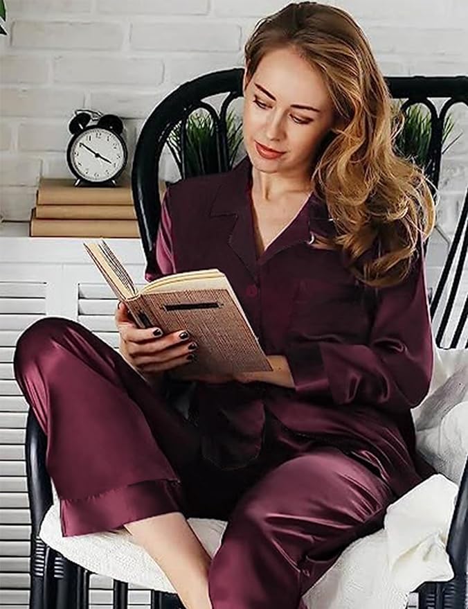 SWOMOG Long Sleeve Pajamas Set Silk Satin Sleepwear Button Down Pjs Loungewear with Pocket