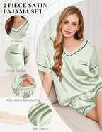 Silk Pajamas for Women Short Sleeve Satin 2 Piece Pj Set Soft V Neck Sleepwear Loungewear, S-XXL