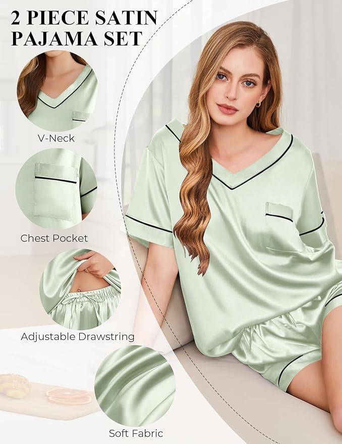 Silk Pajamas for Women Short Sleeve Satin 2 Piece Pj Set Soft V Neck Sleepwear Loungewear, S-XXL