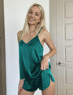 Ekouaer Silk Pajamas for Women Satin Cami Pjs Set V Neck Camisole Shorts Set Adjustable Strap Sleepwear