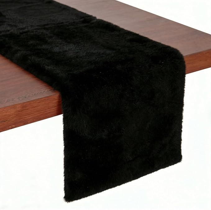 duduta Black Faux Fur Table Runner 72 inches Long, Fluffy Dresser Runner Covers Coffee Table Runner Winter Holiday Decor