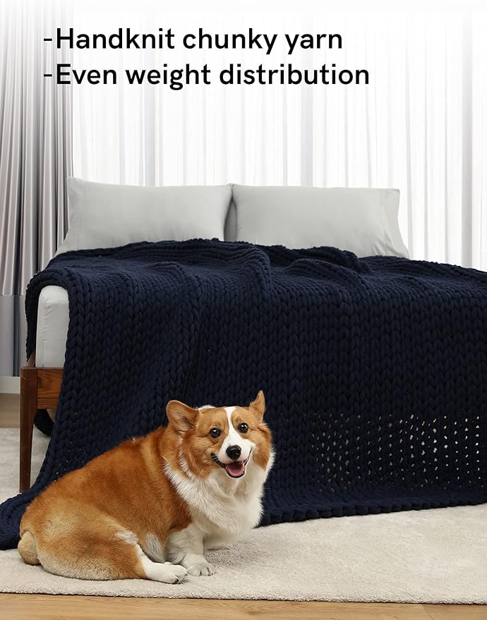 YnM 100% Cotton Weighted Blanket, Handmade Chunky Knitted Throw, No fillers Design, Soft and Breathable, Machine Washable Bed Blanket for Sleep or Home Decor (Navy Blue, 50x60 Inch, 15lbs)